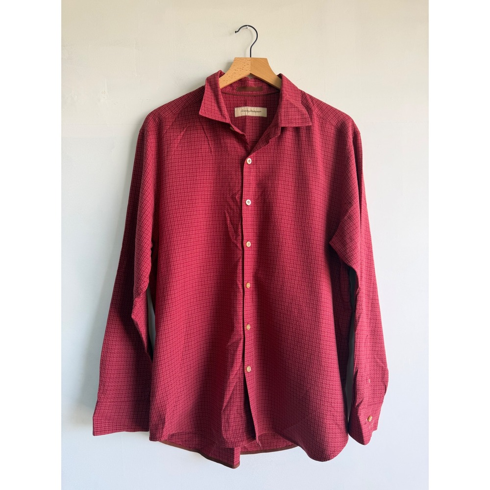 Tommy Bahama Mens Red Grid Silk Cotton Blend Long Sleeve Button Down Shirt XL